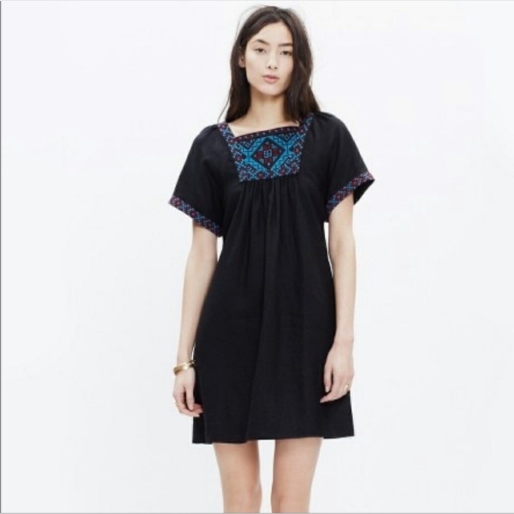 Madewell Embroidered Linen Wander Black Dress Size Extra Small